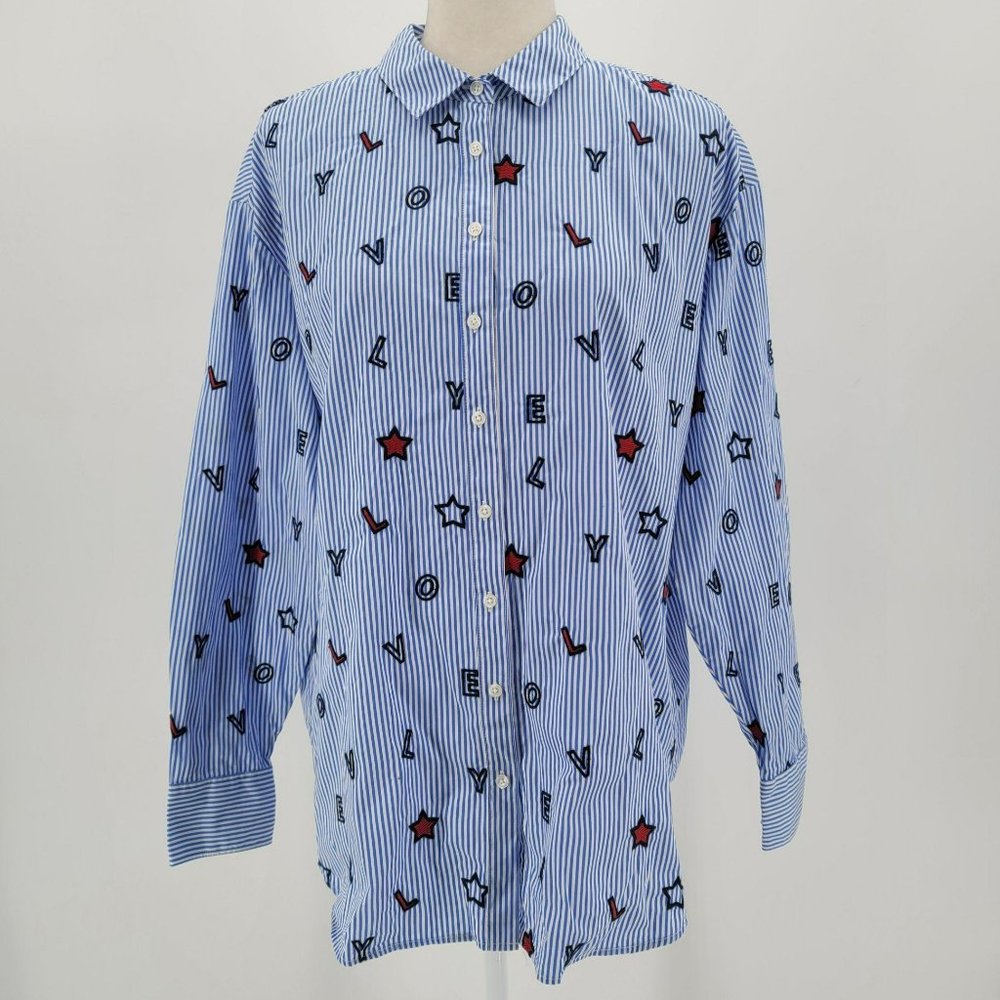 Boden Blue Striped Love Button Shirt Womens Sz 8